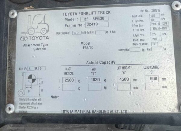 Toyota 3T 4.5m LPG Forklift - Image 6